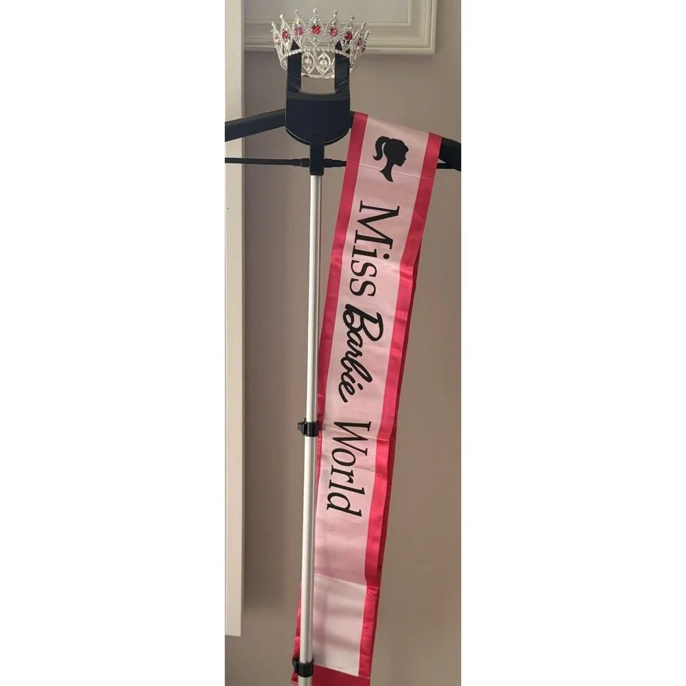 Miss Barbie World Pageant Crown Rhinestone White, Pink & Red Silver & Sash